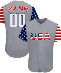 Custom Grey White-Navy American Flag Authentic Baseball Jersey